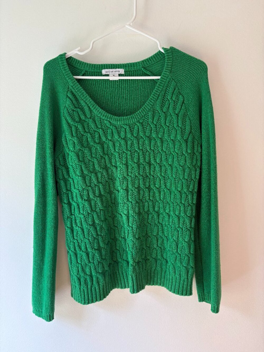 Liz Claiborne Green Cable Knit Sweater Crew Neck Cotton Blend Size XL